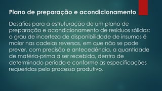 Plano de preparação e acondicionamento
 
Desafios para a estruturação de um plano de
preparação e acondicionamento de resíduos sólidos:
o grau de incerteza de disponibilidade de insumos é
maior nas cadeias reversas, em que não se pode
prever, com precisão e antecedência, a quantidade
de matéria-prima a ser recebida, dentro de
determinado período e conforme as especificações
requeridas pelo processo produtivo.
 