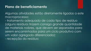 Plano de beneficiamento
 
Algumas atividades estão diretamente ligadas a este
macroprocesso:
- tratamento adequado de cada tipo de resíduo
(alguns resíduos trazem consigo grande quantidade
de materiais nobres, que devem ser separados para
serem encaminhados para um ciclo produtivo com
um valor agregado diferenciado);
- recepção do resíduo;
 