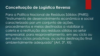 Conceituação de Logística Reversa
 
Para a Política Nacional de Resíduos Sólidos (PNRS):
“Instrumento de desenvolvimento econômico e social
caracterizado por um conjunto de ações,
procedimentos e meios destinados a viabilizar a
coleta e a restituição dos resíduos sólidos ao setor
empresarial, para reaproveitamento, em seu ciclo ou
em outros ciclos produtivos, ou outra destinação final
ambientalmente adequada” (Art. 3º, XII).
 