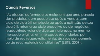 Canais Reversos
 
“As etapas, as formas e os meios em que uma parcela
dos produtos, com pouco uso após a venda, com
ciclo de vida útil ampliado ou após a extinção de sua
vida útil, retorna ao ciclo produtivo ou de negócios,
readquirindo valor de diversas naturezas, no mesmo
mercado original, em mercados secundários, por
meio de seu reaproveitamento, de seus components
ou de seus materiais constituintes” (LEITE, 2009).
 