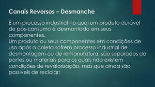 Canais Reversos – Desmanche
 
É um processo industrial no qual um produto durável
de pós-consumo é desmontado em seus
componentes.
Um produto ou seus componentes em condições de
uso após a coleta sofrem processo industrial de
desmontagem ou de remanufatura, são separados de
partes ou materiais para os quais não existem
condições de revalorização, mas que ainda são
passiveis de reciclar;
 