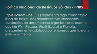Política Nacional de Resíduos Sólidos - PNRS
 
Triple Bottom Line (3BL) representa algo como “tripla
linha de baixo” dos demonstrativos financeiros:
avaliações de desempenho organizacional quanto
aos três P’s - Pessoas, Profit (Lucro) e Planeta,
crescentemente adotado por empresas que lideram
este movimento.
 