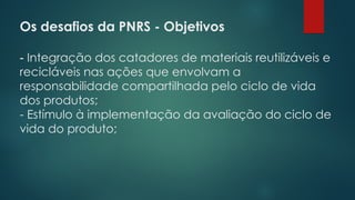 Os desafios da PNRS - Objetivos
 
- Integração dos catadores de materiais reutilizáveis e
recicláveis nas ações que envolvam a
responsabilidade compartilhada pelo ciclo de vida
dos produtos;
- Estímulo à implementação da avaliação do ciclo de
vida do produto;
 