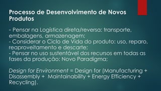 Processo de Desenvolvimento de Novos
Produtos
 
- Pensar na Logística direta/reversa: transporte,
embalagens, armazenagem;
- Considerar o Ciclo de Vida do produto: uso, reparo,
reaproveitamento e descarte;
- Pensar no uso sustentável dos recursos em todas as
fases da produção: Novo Paradigma;
Design for Environment = Design for (Manufacturing +
Disassembly + Maintainability + Energy Efficiency +
Recycling).
 