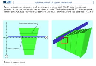 Пример коллизий 1-й группы. Коллизия №4
Пространственные коллизии в области строительных осей Ж и 21 воздухопровода
горячего воздуха в сопла третичного дутья – тракт «Т» (блока щитовой Т-7) двутавровой
балкой (отм.+26.400). Чертеж: BG3-ZEP-BFP-DIM-0023_00.Path T. Parts list. Sections 1-1.... 6-6
Статус: неизвестен
 