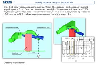 Пример коллизий 1-й группы. Коллизия №5
Блок B-40 воздуховода горячего воздуха (Тракт B) пересекает трубопровод тракта К
и трубопровод B1 в области строительных осей Д и 19, на высотной отметке +17,850.
Трубопровод B1 смоделирован из облака точек, полученных в результате проведения
HЛС. Чертеж №721816 «Воздухопровод горячего воздуха - тракт В».
Статус: неизвестен
 