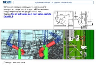 Пример коллизий 1-й группы. Коллизия №6
Коллизия воздухопровода отсоса горячего
воздуха из пазух котла – тракт «И1» и колоны,
смоделированной по результатам НЛС.
Чертеж Hot air extraction duct from boiler pockets -
Path И1_2.
+72,300
Статус: неизвестен
 