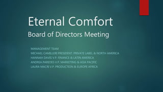 Eternal Comfort
Board of Directors Meeting
MANAGEMENT TEAM
MICHAEL CAMILLERI PRESIDENT. PRIVATE LABEL & NORTH AMERICA
HANNAH DAVIS V.P. FINANCE & LATIN AMERICA
ANDREA PAREDES V.P. MARKETING & ASIA PACIFIC
LAURA MACRI V.P. PRODUCTION & EUROPE AFRICA
 