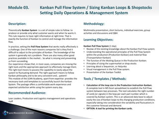 Description:
Theoretically Kanban System is a set of simple rules to follow: to
produce or provide only what customer wants and when he wants it.
This rule requires to have right information at right time. That is
exactly the function of Kanban to control and manage the information
flow.
In practice, setting the Pull Flow System that works really effectively is
a challenge. One of the main reasons companies fail is they find it
difficult to adjust to the principles of Kanban. The knowledge of the
system is generally not a problem. There are also many other good
practices available in the market… So what is missing and preventing
us from succeeding.
Our experience shows that, in most cases, companies are missing the
right tools and the appropriate approach to effectively manage them.
The right tool means to possess the capability to easily adjust the
system to fluctuating demand. The right approach means to follow
Kanban philosophy and to be very consistent and… patient!
This module of the LEAN Academy, apart from expertise provides the
necessary tools and templates to successfully launch the Kanban
System. The package offers a comfortable work experience and
expected satisfaction while using the system every day.
Recommended Audience:
Lean Leaders, Production and Logistics management and operations
staff
Methodology:
Multimedia presentation, short lectures, individual exercises, group
activities and discussions and Q&A
Learning Objectives:
Kanban Pull Flow System (1 day).
• Review of the existing knowledge about the Kanban Pull Flow system.
• Understanding the operational principles of the Pull Flow System
within the production (Production Kanban) and material flow
(Transportation Kanban)
• The function of the Waiting Queue in the Production Kanban.
• Principles of sizing the supermarket or shop-stocks
• Learning about a Sequencer, or Heijunka
• Visual management in the Pull Flow system.
• Presentation of the Kanban Toolkit.
Tools / Templates / Methods:
• Calculation of the loop size in the Production Instruction Kanban.
A complete tool in MS Excel spreadsheet to establish the Pull Flow
system between two processes. The tool calculates the right number
of cards (or signals) in the loop per each part number which is
covered by Kanban system. This is an advanced data base to adjust
easily the size of Kanban loops to the changing production conditions,
especially taking into consideration the variability and fluctuations in
the customer forecast and demand.
• OPTION: A tool for printing the Kanban cards.
Module 03. Kanban Pull Flow System / Sizing Kanban Loops & Shopstocks
Setting Daily Operations & Management System
 