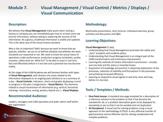 Description:
We believe that Visual Management really works when visiting a
factory or company you can immediately get most or at least some top
priority information, without asking or exploring the sources of the
information. At a glance, all defined information is visible and updated.
This is the ideal case of the Visual Factory standard.
Why is this so important? Well, because we want to know how we
operate, whether we are on or behind schedule and whether the work
standards are respected or not. We need to know the actual status of
operations under performance, production progress (schedule), quality
situation, safety level etc. What for? To be able to react in real time,
fast and effectively before it is too late and a potential loss has become
reality.
At this stage of the LEAN Academy we will become familiar with types
of Visual Management, with division into areas related to the
information displayed on an ongoing basis (Andon) or as a summary of
a day – Visual Controls. Indicators, charts and graphs displaying a trend
or progress in the plan / assignments – Visual Metrics. The elements
related to visual transmission of information (e.g. vertical, horizontal
markings, instructions, zoning, posters, boards etc.) – Visual Displays.
Recommended Audience:
Leaders, managers and LEAN specialists and wider admin staff within
the organization.
Methodology:
Multimedia presentation, short lectures, individual exercises, group
activities and discussions and Q&A
Learning Objectives:
Visual Management (1 day).
• Understanding how Visual Management promotes the safety and
„Zero” accidents and incidents policy
• Understanding that Visual Management is an integral part of the
LEAN transformation and Continuous Improvement
• Learning the methods of instant information transmission – visually.
Just one look and the status is instantly known.
• Acquisition of knowledge and practice in obtaining stabilization of the
processes, reduction of volatility and fluctuations in the processes
and achieving increased efficiency.
• Learning to respond to visual signals in real time, here and now,
before it is too late.
Tools / Templates / Methods:
• One-Point-Lesson. A standard one-page template for a description of
a reference solution to the problem so that it has become the
standard for all, or a problem description given to be displayed for
everybody to see so that it can be avoided and not duplicated.
• A3 Storyboard. A visual tool for solving problems using a visual
approach to the methodology of PDCA. A very effective transfer of
good practices and an effective tool for solving complicated and
complex problems.
Module 7. Visual Management / Visual Control / Metrics / Displays /
Visual Communication
 