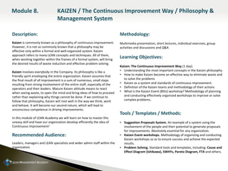 Description:
Kaizen is commonly known as a philosophy of continuous improvement.
However, it is not so commonly known that a philosophy may be
effective only within a formal and well-organized system. Kaizen
approach refers to many LEAN concepts and techniques. All of them,
when working together within the frames of a formal system, will bring
the desired results of waste reduction and effective problem solving.
Kaizen involves everybody in the Company. Its philosophy is like a
friendly spirit enveloping the entire organization. Kaizen assumes that
the final result of all improvement is a sum of numerous, small steps
resulting from strong involvement of the entire staff, especially of the
operators and their leaders. Mature Kaizen attitude means to react
when seeing waste, to open the mind and bring ideas of how to proceed
rather than explaining why things cannot be done. If we continue to
follow that philosophy, Kaizen will root well in the way we think, work
and behave. It will become our second nature, which will lead to
unconscious competence in driving improvements.
In this module of LEAN Academy we will learn on how to master this
uneasy skill and have our organization develop efficiently the idea of
Continuous Improvement!
Recommended Audience:
Leaders, managers and LEAN specialists and wider admin staff within the
organization.
Methodology:
Multimedia presentation, short lectures, individual exercises, group
activities and discussions and Q&A
Learning Objectives:
Kaizen: The Continuous Improvement Way (1 day).
• Understanding the most important concepts in the Kaizen philosophy.
• How to make Kaizen become an effective way to eliminate waste and
to solve the problems
• Kaizen as a system and standards of continuous improvement.
• Definition of the Kaizen teams and methodology of their actions
• What is the Kaizen Event (Blitz) workshop? Methodology of planning
and conducting effectively organized workshops to improve or solve
complex problems.
Tools / Templates / Methods:
• Suggestion Proposals System. An example of a system using the
involvement of the people and their potential to generate proposals
for improvements. Absolutely essential for any organization.
• Kaizen Event workshops. Methodology of organizing and conducting
Kaizen workshops so as to ensure success and achieve the expected
results.
• Problem Solving. Standard tools and templates, including: Cause and
Effect Diagram (Ishikawa), 5WHYs, Pareto Diagram, FTA and others.
Module 8. KAIZEN / The Continuous Improvement Way / Philosophy &
Management System
 