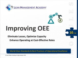 © Lean & Mean Consulting. All rights reserved. 2015© Lean & Mean Consulting. All rights reserved. 2016
10/ 16
Improving OEE
Eliminate Losses, Optimize Capacity
Enhance Operating at Cost-Effective Rates
World-Class Standards & Best Practices of Operational Excellence
 