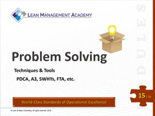 © Lean & Mean Consulting. All rights reserved. 2015© Lean & Mean Consulting. All rights reserved. 2016
15/ 16
Problem Solving
Techniques & Tools
PDCA, A3, 5WHYs, FTA, etc.
World-Class Standards of Operational Excellence
 