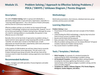 Description:
The skill of Problem Solving, both in a group and individually, is
absolutely indispensable in each and every organization, especially in a
“Learning LEAN Organization”. This is the essence of Kaizen philosophy
and the drive for Continuous Improvement.
Effective problem solving is an art which can be mastered through
training in methodology, analytical and reasoning skills. However, first of
all, by active participating in Problem Solving Groups. Although the sense
of a need for solving problems is incontestable, the question is how
effective we are in this field?
Basically, there can be two kinds of approaches to problem solving. A
typical common sense approach using reasoning skills and the so-called
‘scientific‘ one which also is known as the PDCA cycle. In both
approaches we should have been supported by useful tools and proven
methodologies on how to proceed.
In this module of LEAN Academy we will learn about how to reconcile
both PDCA and common sense approaches. This will result in the
Problem Solving Groups being successful. We will also meet all the
necessary tools to make the problem solving assignments more likely to
succeed.
Recommended Audience:
Leaders, managers and LEAN specialists, Process Engineers and wider
management staff.
Methodology:
Multimedia presentation, short lectures, individual exercises, group
activities and discussions and Q&A
Learning Objectives:
Problem Solving (1 day).
• Presentation of the principles and main concepts of the Problem
Solving.
• Understanding the PDCA methodology, a step-by-step instruction
how to ensure success in problem solving.
• Boards and A3 sheets (A3 Storyboard)
• Roles and tasks of the Problem Solving Teams / Groups
• Why the problem solving actions are not always effective? 10 typical
mistakes made by the Problem Solving Teams
• Key success factors in problem solving.
Tools / Templates / Methods:
• PDCA Template. An example of a standard template for
implementing the PDCA methodology in problem solving.
• A3 Storyboard Template. A standard problem solving template
including the interviews (gathering information), a visual
representation of the progress (stages) in problem solving, and the
cause and effect diagram.
• Templates for: 5WHYs, Ishikawa Diagram, FTA, Pareto Diagram,
Histogram, Scatter Diagram, and others.
Module 15. Problem Solving / Approach to Effective Solving Problems /
PDCA / 5WHYS / Ishikawa Diagram / Pareto Diagram
 