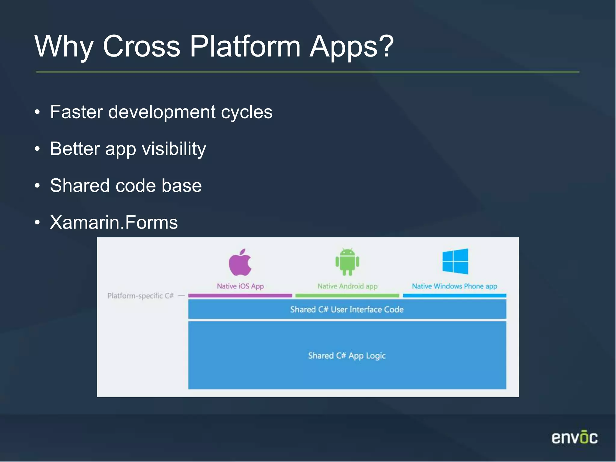Why Cross Platform Apps? • Faster development cycles • Better app visibility • Shared code base • Xamarin.Forms 