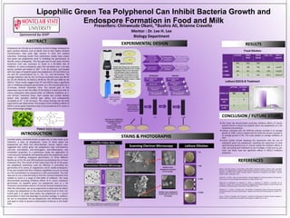 Endospores are formed as an extreme survival strategy employed by
gram positive bacteria, such as Bacilli. Due to their highly resistant
characteristics, they pose high concern in food and medical
industries. Promising results from preliminary studies have shown
that green tea polyphenols work in inhibiting the germination of
Bacillus cereus endospores. The first goal was to test what minimal
treatment time was necessary to result in a 95-100% rate of
inhibition. B. cereus endospores were first harvested over a ten-day
period, purified and boiled at 100°C for 20 minutes, and treated
with two types of lipophilic green tea polyphenols: LTP and EGCG-S at
1% and 5% concentrations for 5-, 10-, 15-, and 30-minutes. The
average inhibition rate for the 15-minute treatment time was 98.7%
for 1% LTP, 99.6% for 1% EGCG-S, 99.9% for 5% LTP and 100% for 5%
EGCG-S. These results suggest that LTP and EGCG-S play a significant
role in inhibiting endospore germination at a 5% concentration for a
15-minute minimal treatment time. The second goal of this
experiment was to test the effect of 5% EGCG-S in food and milk. B.
cereus endospores were placed under six different conditions at 1-
and 24-hour treatment times. Each sample was serially diluted,
plated onto standard method agar plates, and subsequently
incubated at 37°C for 24 hours. The colony forming unit for both
experiments was determined. The analysis of the inhibitory effects of
EGCG-S carries great importance due to the prevalence of B. cereus in
food and beverage spoilage.
`
Presenters: Chinweude Okani, *Bushra Ali, Brianne Cravello
Mentor : Dr. Lee H. Lee
Biology Department
Lipophilic Green Tea Polyphenol Can Inhibit Bacteria Growth and
Endospore Formation in Food and Milk
Camellia sinesis, commonly known as green tea, is richly made up of
Catechins, a class of polyphenols. Some of these green tea
polyphenols are EGCG and EGCG-Stearate. Various reports have
suggested that certain green tea polyphenols have anti-bacterial,
anti-viral, anti-diabetic, anti-carcinogenic, anti-inflammatory, and
antioxidant properties. In a preliminary study, the application of
crude and pure hydrophilic and lipophilic green tea polyphenols were
tested on inhibiting endospore germination on three different
Bacillus sp. at 1%, 5%, and 10% treatment concentrations for a 2-hour
treatment time. The results of that study show that all of the green
tea polyphenol treatments used are effective in controlling the
germination of B. cereus, B. megaterium, and B. subtilis endospores.
It has also showed that their inhibitory capabilities are just as strong
at a 5% concentration as compared to a 10% concentration. The next
step was to run a time-kill study to find the minimal treatment time
needed to result in a range of 95%-100% of inhibition. The study
demonstrated promising inhibitory effects of B. cereus endospore
germination by lipophilic green tea polyphenols best at a 5%
treatment concentration and at a 15-minute minimal treatment time.
With this information, we ran an experiment to determine the effects
of green tea polyphenols on the natural bacteria found in food. Our
overall goal is to apply these green tea polyphenols as a natural
preservative in food and beverages to prevent spoilage. In addition,
we aim to incorporate the tea polyphenols into disinfectant sprays
and wipes in order to prevent contamination of devices in the health
field.
.
Blanco, Anna Rita, Simona La terra Mule, Gioia Babini, Spiridione Garbisa, Vincenzo Enea, and Dario
Rusciano. “(-) Epigallocatechin-3-gallate Inhibits Gelatinase Activity of Some Bacterial Isolates from Ocular
Infection, and Limits Their Invasion through Gelatine.” Biochimica Et Biophysica Acta (BBA) – General
Subjects 1620.1-3 (2003):81. Print.
Caipo, M.L., S. Duffy, L. Zhao, and D.W. Schaffner. “Bacillus Megaterium Spore Germination Is Influenced by
Inoculum Size.” Journal of Applied Microbiology 92.5 (2002): 879-84. Print.
Shigemune, N., Nakayama, M., Tsugukuni, T., Hitomi, J., Yoshizawa, C., Mekada, Y., Kurahachi, M., &
Miyamoto, T. (2012). The mechanisms and effect of epigallocatechin gallate (egcg) on the germination and
proliferation of bacterial spores. Food Control, 27(2), 269-274. Print.
Wuytack, E. Y., J. Soons, F. Poschet, and C. W. Michiels. “Comparative Study of Pressure and Nutrient-
Induced Germination of Bacillus Subtilis Spores.” Applied and Environmental Microbiology 66.1 (2000): 257-
61. Print.
Zhao, J., Krishna, B. Moudgil, and B. Koopman. “Evaluation of Endospore Purification Methods Applied to
Bacillus Cereus.” Separation and Purification Technology 61.3 (2008): 341-47. Print.
Sponsored by SHIP
INTRODUCTION
REFERENCES
CONCLUSION / FUTURE STUDY
EXPERIMENTAL DESIGN
STAINS & PHOTOGRAPHS
ABSTRACT
Patent EGCG-Stearate
Scanning Electron Microscopy
Bacillus cereus endospores
treated with 5% EGCG-S for
15 minutes.
Bacillus cereus
endospores untreated
for 15 minutes.
Lettuce Dilution
Dilution Protocol:
Transfer 10 g of lettuce into a sterile blender
with 90 ml DI water. Blend for 5 min. to obtain
1:10 dilution. Plate 0.1 ml of 1:10 solution
onto SMA plate to obtain 1:100 dilution.
Transfer 1 ml of 1:10 solution to 99 ml DI
water, and plate 1 ml of solution to obtain
1:1000 dilution. Transfer 0.1 ml of 1:1000
solution onto a SMA plate to obtain a 1:10000
dilution.
Ethanol-tea
solution (20%
tea concentrated
solution)
0.03 grams
of EGCG-S
Mix in 150
uL of EtOH
Lettuce-water
(LW) solution
10 grams of
lettuce
Blend with
90 mL of DI
water
150 uL Lettuce-water
solution
Add 50uL EtOH
Treat for 1 hr. room
temperature
Create 1:1, 1:10, 1:100,
and 1:1000 dilutions
150 uL Lettuce-water
solution
Add 50uL EtOH-tea
solution
Treat for 1 hr. room
temperature
Create 1:1, 1:10, 1:100,
and 1:1000 dilutions
1:1,0001:1 1:10 1:100
10 uL 10 uL 10 uL
UNTREATED TREATED
100 uL of solution 
(1:1 tube has 100 uL
solution, and 1:10,
1:100, and 1:1000 tubes
contain 90 uL water)
Plate 100 uL of 1:100 dilutions
of the treated conditions and
1:1000 dilutions of the
untreated
conditions on SMA plates.
Incubate at 37°C for 24
hours.
Repeat for chick
peas, and pasta
salad
RESULTS
LETTUCE LETTUCE +
TEA
STOCK 10-1 392 36
TREATED
10-2
-- 2
UNTREATE
D 10-3
1 --
LETTUCE CHICK
PEAS
PASTA
SALAD
AVG. CFU AVG. #
bac/mL
1:10 TNC TNC TNC -- --
1:100 TNC 188 TNC 188 1.8x105
1:1000 190 90 TNC 140 1.5x105
1:10000 16 11 562 196.3 1.963x107
1 mL
0.1 mL
1 mL
0.1 mL
1
mL
1:10,000
1:1,000
1:100
1:10
 This study has demonstrated promising inhibitory effects of natural
bacteria found in lettuce by lipophilic green tea polyphenols at a 5%
treatment concentration.
 Lettuce untreated with the EtOH-tea solution resulted in an average
growth of 100%. Lettuce treated with the EtOH-tea solution resulted in
an average growth of 9%. The study yielded an average inhibition of
91%
 Future studies include repeating this experiment with the use of
hydrophilic green tea polyphenols, repeating this experiment to treat
spore-forming bacteria (e.g. B. cereus), testing the inhibitory effects in
milk, and testing each treatment to see if changes in food such as; pH,
color, and flavor have any significant effects in EGCG-S inhibitory
properties.
1:10,000
1:1,000
1:100
1:10
Food Dilution
Lettuce EGCG-S Treatment
0%
10%
20%
30%
40%
50%
60%
70%
80%
90%
100%
UNTREATED TREATED
%ofGrowth
% of Growth: Untreated vs. Treated
 
