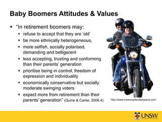 Baby Boomers Attitudes & Values
 “In retirement boomers may:
 refuse to accept that they are ‘old’
 be more ethnically heterogeneous,
 more selfish, socially polarised,
demanding and belligerent
 less accepting, trusting and conforming
than their parents’ generation
 prioritise being in control, freedom of
expression and individuality
 economically conservative but socially
moderate swinging voters
 expect more from retirement than their
parents’ generation” (Quine & Carter, 2006:4) http://www.motorcycleriderbasics.com
 