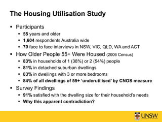 The Housing Utilisation Study
 Participants
 55 years and older
 1,604 respondents Australia wide
 70 face to face interviews in NSW, VIC, QLD, WA and ACT
 How Older People 55+ Were Housed (2006 Census)
 83% in households of 1 (38%) or 2 (54%) people
 81% in detached suburban dwellings
 83% in dwellings with 3 or more bedrooms
 84% of all dwellings of 55+ ‘underutilised’ by CNOS measure
 Survey Findings
 91% satisfied with the dwelling size for their household’s needs
 Why this apparent contradiction?
 