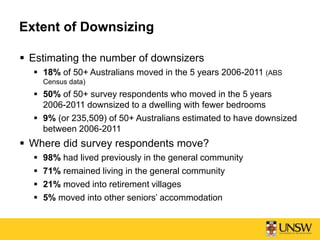 Extent of Downsizing
 Estimating the number of downsizers
 18% of 50+ Australians moved in the 5 years 2006-2011 (ABS
Census data)
 50% of 50+ survey respondents who moved in the 5 years
2006-2011 downsized to a dwelling with fewer bedrooms
 9% (or 235,509) of 50+ Australians estimated to have downsized
between 2006-2011
 Where did survey respondents move?
 98% had lived previously in the general community
 71% remained living in the general community
 21% moved into retirement villages
 5% moved into other seniors’ accommodation
 