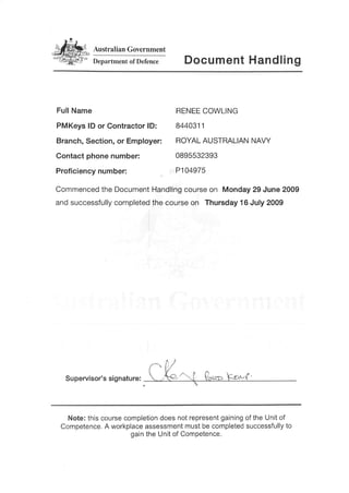 Australian Government
Department ofDefence Document Handling
Full Name
PM Keys ID or Contractor ID:
Branch, Section, or Employer:
Contact phone number:
Proficiency number:
RENEE COWLING
8440311
ROYAL AUSTRALIAN NAVY
0895532393
P104975
Commenced the Document Handling course on Monday 29 June 2009
and successfully completed the course on Thursday 16 July 2009
Supervisor's signature:
/'•
•T5=> 'p^f
Note: this course completion does not represent gaining of the Unit of
Competence. A workplace assessment must be completed successfully to
gain the Unit of Competence.
 