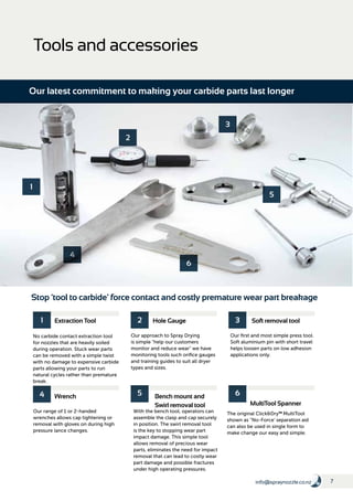 7info@spraynozzle.co.nz
Stop 'tool to carbide' force contact and costly premature wear part breakage
Our range of 1 or 2-handed
wrenches allows cap tightening or
removal with gloves on during high
pressure lance changes.
The original Click&Dry™ MultiTool
shown as ''No-Force' separation aid
can also be used in single form to
make change our easy and simple.
With the bench tool, operators can
assemble the clasp and cap securely
in position. The swirl removal tool
is the key to stopping wear part
impact damage. This simple tool
allows removal of precious wear
parts, eliminates the need for impact
removal that can lead to costly wear
part damage and possible fractures
under high operating pressures.
No carbide contact extraction tool
for nozzles that are heavily soiled
during operation. Stuck wear parts
can be removed with a simple twist
with no damage to expensive carbide
parts allowing your parts to run
natural cycles rather than premature
break.
Our first and most simple press tool.
Soft aluminium pin with short travel
helps loosen parts on low adhesion
applications only.
Wrench Bench mount and
Swirl removal tool MultiTool Spanner
Extraction Tool Soft removal tool
1
1
4
2 3
2
5
6
3
5 6
4
Our approach to Spray Drying
is simple "help our customers
monitor and reduce wear" we have
monitoring tools such orifice gauges
and training guides to suit all dryer
types and sizes.
Hole Gauge
Tools and accessories
Our latest commitment to making your carbide parts last longer
 
