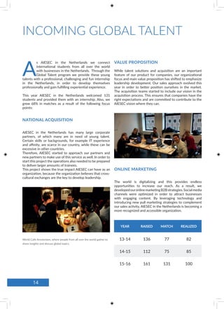 INCOMING GLOBAL TALENT
A
s AIESEC in the Netherlands we connect
international students from all over the world
with businesses in the Netherlands. Through the
Global Talent program we provide these young
talents with a professional, challenging and fun internship
in the Netherlands, in order to develop themselves
professionally and gain fulfilling experiential experience.
This year AIESEC in the Netherlands welcomed 131
students and provided them with an internship. Also, we
grew 68% in matches as a result of the following focus
points:
While talent solutions and acquisition are an important
feature of our product for companies, our organizational
focus and main value proposition has shifted to emphasize
leadership development. Our sales approach evolved this
year in order to better position ourselves in the market.
The acquisition teams started to include our vision in the
acquisition process. This ensures that companies have the
right expectations and are committed to contribute to the
AIESEC vision where they can.
The world is digitalizing and this provides endless
opportunities to increase our reach. As a result, we
developedouronlinemarketingB2Bstrategies.Socialmedia
channels were optimized in order to attract businesses
with engaging content. By leveraging technology and
introducing new pull marketing strategies to complement
our sales activity, AIESEC in the Netherlands is becoming a
more recognized and accessible organization.
NATIONAL ACQUISITION
VALUE PROPOSITION
ONLINE MARKETING
AIESEC in the Netherlands has many large corporate
partners, of which many are in need of young talent.
Certain skills or backgrounds, for example IT experience
and affinity, are scarce in our country, while these can be
excessive in other countries.
Therefore, AIESEC started to approach our partners and
new partners to make use of this service as well. In order to
start this project the operations also needed to be prepared
to deliver larger amounts of trainees.
This project shows the true impact AIESEC can have as an
organization, because the organization believes that cross-
cultural exchanges are the key to develop leadership.
YEAR RAISED MATCH REALIZED
13-14 136 77 82
14-15 112 75 85
15-16 161 131 100
World Cafe Amsterdam, where people from all over the world gather to
share insights and discuss global topics.
14
 