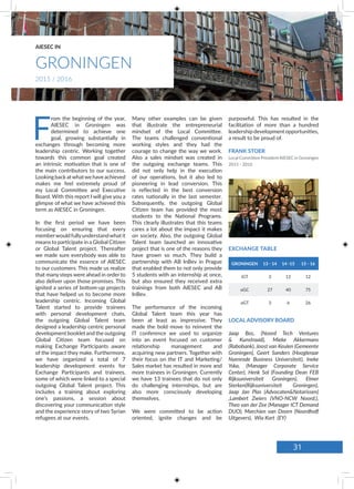 Many other examples can be given
that illustrate the entrepreneurial
mindset of the Local Committee.
The teams challenged conventional
working styles and they had the
courage to change the way we work.
Also a sales mindset was created in
the outgoing exchange teams. This
did not only help in the execution
of our operations, but it also led to
pioneering in lead conversion. This
is reflected in the best conversion
rates nationally in the last semester.
Subsequently, the outgoing Global
Citizen team has provided the most
students to the National Programs.
This clearly illustrates that this teams
cares a lot about the impact it makes
on society. Also, the outgoing Global
Talent team launched an innovative
project that is one of the reasons they
have grown so much. They build a
partnership with AB InBev in Prague
that enabled them to not only provide
5 students with an internship at once,
but also ensured they received extra
trainings from both AIESEC and AB
InBev.
The performance of the incoming
Global Talent team this year has
been at least as impressive. They
made the bold move to reinvent the
IT conference we used to organize
into an event focused on customer
relationship management and
acquiring new partners. Together with
their focus on the IT and Marketing/
Sales market has resulted in more and
more trainees in Groningen. Currently
we have 13 trainees that do not only
do challenging internships, but are
also more consciously developing
themselves.
We were committed to be action
oriented, ignite changes and be
F
rom the beginning of the year,
AIESEC in Groningen was
determined to achieve one
goal, growing substantially in
exchanges through becoming more
leadership centric. Working together
towards this common goal created
an intrinsic motivation that is one of
the main contributors to our success.
Looking back atwhatwe have achieved
makes me feel extremely proud of
my Local Committee and Executive
Board. With this report I will give you a
glimpse of what we have achieved this
term as AIESEC in Groningen.
In the first period we have been
focusing on ensuring that every
memberwouldfullyunderstandwhatit
means to participate in a Global Citizen
or Global Talent project. Thereafter
we made sure everybody was able to
communicate the essence of AIESEC
to our customers. This made us realize
that many steps were ahead in order to
also deliver upon those promises. This
ignited a series of bottom-up projects
that have helped us to become more
leadership centric. Incoming Global
Talent started to provide trainees
with personal development chats,
the outgoing Global Talent team
designed a leadership centric personal
development booklet and the outgoing
Global Citizen team focused on
making Exchange Participants aware
of the impact they make. Furthermore,
we have organized a total of 7
leadership development events for
Exchange Participants and trainees,
some of which were linked to a special
outgoing Global Talent project. This
includes a training about exploring
one’s passions, a session about
discovering your communication style
and the experience story of two Syrian
refugees at our events.
LOCAL ADVISORY BOARD
Jaap Bos, (Noord Tech Ventures
& Kunstraad), Mieke Akkermans
(Rabobank), Joost van Keulen (Gemeente
Groningen), Geert Sanders (Hoogleraar
Nyenrode Business Universiteit), Ineke
Yska, (Manager Corporate Service
Center), Henk Sol (Founding Dean FEB
Rijksuniversiteit Groningen), Elmer
Sterken(Rijksuniversiteit Groningen),
Jaap Jan Plas (Advocaten&Notarissen)
,Lambert Zwiers (VNO-NCW Noord;),
Theo van der Zee (Manager ICT Demand
DUO), Marchien van Doorn (Noordhoff
Uitgevers), Wia Kort (EY)
GRONINGEN 13 - 14 14 -15 15 - 16
iGT 3 12 12
oGC 27 40 75
oGT 3 6 26
EXCHANGE TABLE
purposeful. This has resulted in the
facilitation of more than a hundred
leadershipdevelopmentopportunities,
a result to be proud of.
FRANK STOER
Local Committee PresidentAIESEC in Groningen
2015 - 2016
GRONINGEN
AIESEC IN
2015 / 2016
31
 