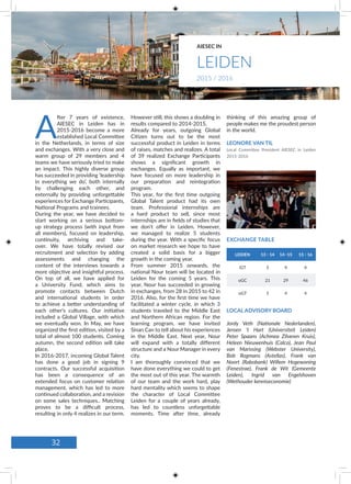 A
fter 7 years of existence,
AIESEC in Leiden has in
2015-2016 become a more
established Local Committee
in the Netherlands, in terms of size
and exchanges. With a very close and
warm group of 29 members and 4
teams we have seriously tried to make
an impact. This highly diverse group
has succeeded in providing ‘leadership
in everything we do’, both internally
by challenging each other, and
externally by providing unforgettable
experiences for Exchange Participants,
National Programs and trainees.
During the year, we have decided to
start working on a serious bottom-
up strategy process (with input from
all members), focused on leadership,
continuity, archiving and take-
over. We have totally revised our
recruitment and selection by adding
assessments and changing the
content of the interviews towards a
more objective and insightful process.
On top of all, we have applied for
a University Fund, which aims to
promote contacts between Dutch
and international students in order
to achieve a better understanding of
each other’s cultures. Our initiative
included a Global Village, with which
we eventually won. In May, we have
organized the first edition, visited by a
total of almost 100 students. Coming
autumn, the second edition will take
place.
In 2016-2017, incoming Global Talent
has done a good job in signing 9
contracts. Our successful acquisition
has been a consequence of an
extended focus on customer relation
management, which has led to more
continued collaboration, and a revision
on some sales techniques.. Matching
proves to be a difficult process,
resulting in only 4 realizes in our term.
However still, this shows a doubling in
results compared to 2014-2015.
Already for years, outgoing Global
Citizen turns out to be the most
successful product in Leiden in terms
of raises, matches and realizes. A total
of 39 realized Exchange Participants
shows a significant growth in
exchanges. Equally as important, we
have focused on more leadership in
our preparation and reintegration
program.
This year, for the first time outgoing
Global Talent product had its own
team. Professional internships are
a hard product to sell, since most
internships are in fields of studies that
we don’t offer in Leiden. However,
we managed to realize 5 students
during the year. With a specific focus
on market research we hope to have
created a solid basis for a bigger
growth in the coming year.
From summer 2015 onwards, the
national Nour team will be located in
Leiden for the coming 5 years. This
year, Nour has succeeded in growing
in exchanges, from 28 in 2015 to 42 in
2016. Also, for the first time we have
facilitated a winter cycle, in which 3
students traveled to the Middle East
and Northern African region. For the
learning program, we have invited
Sinan Can to tell about his experiences
in the Middle East. Next year, Nour
will expand with a totally different
structure and a Nour Manager in every
city.
I am thoroughly convinced that we
have done everything we could to get
the most out of this year. The warmth
of our team and the work hard, play
hard mentality which seems to shape
the character of Local Committee
Leiden for a couple of years already,
has led to countless unforgettable
moments. Time after time, already
LOCAL ADVISORY BOARD
Jordy Veth (Nationale Nederlanden),
Jeroen ’t Hart (Universiteit Leiden)
Peter Spaans (Achmea Zilveren Kruis),
Heleen Nieuwenhuis (Calco), Jean Paul
van Marissing (Webster University),
Bob Rogmans (Astellas), Frank van
Noort (Rabobank) Willem Hogewoning
(Fenestrae), Frank de Wit (Gemeente
Leiden), Ingrid van Engelshoven
(Wethouder kenniseconomie)
LEIDEN 13 - 14 14 -15 15 - 16
iGT 5 4 4
oGC 21 29 46
oGT 5 4 4
EXCHANGE TABLE
thinking of this amazing group of
people makes me the proudest person
in the world.
LEONORE VAN TIL
Local Committee President AIESEC in Leiden
2015-2016
LEIDEN
AIESEC IN
2015 / 2016
32
 