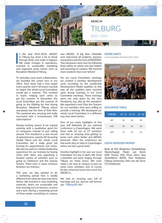 I
n the year 2015-2016, AIESEC
in Tilburg has done a lot to break
through limits and make it happen!
We made changes in operations,
invested in sustainable marketing
and organized great events such as
Reception Weekend Tilburg.
To stimulate cross team collaboration,
we founded the camel race in our
office. Each team had a new target
every quarter and if all teams reached
its target, the whole Local Committee
would get a surprise. This resulted
in teams helping each other to
get the surprise. In December, the
Local Committee got the surprise of
going to the Efteling for free during
Reception Weekend Tilburg where
everybody had the time of their lifes.
The weekend was amazing and really
successful with a revolutionary 198
subscriptions!
During hunting season II we started
working with a qualitative good list
of companies instead of just calling
around. This resulted in a new record
of appointments, namely 20! Incoming
Global Talent and the whole Local
Committee did a really good job
hunting for appointments and raises.
We also focused on a better leadership
experience for our trainees by having
chats with them and organizing a
broader variety of activities such as
going to Giethoorn and the Zaanse
Schans. There even is some romance
between our trainees.
This year, we also wanted to do
a marketing period that is totally
different from what we have ever done
before. We invested in new marketing
materials, which are sustainable and
look amazing such as banners, screens
and a kart. During a marketing period
of three weeks everything on campus
was AIESEC. A big blue inflatable
arch welcomed all students, banners
everywhere and the hunt ofAIESEEEK.
Two backpacks were won by following
hints online on where one was hidden
and searching on campus. We reached
more students than ever before!
For our Local Committee meetings
we created a member development
cycle according to the Leadership
Development Model qualities. In this
way all the qualities were touched
upon during trainings in our Local
Committee meetings. These trainings
were not only given by the Vice
Presidents, but also by the members!
We organized a mini Train the Trainers
for our members that were willing to
provide a training. We developed our
whole Local Committee in a different
way than done before.
One of our many highlights of this
year will definitely be our national
conference in Copenhagen. We went
there with 26 out of 27 members
and had an amazing time getting to
know each other better and AIESEC
Denmark. After the conference we
had some days to relax in Copenhagen
where we had a great time!
Another highlight is for sure our Local
Committee fun day in April. We hired
a beerbike and went singing through
Tilburg for three hours. We even
made a pit stop at campus to pick up
some more members and of course
let the university know how much fun
AIESEC is.
We had an amazing year full of
learnings and joy, and we will forever
say: “Tilburg till I die!”
LOCAL ADVISORY BOARD
Bodo de Wit (Brabantse Ontwikkelings
Maatschappij), Pepijn van Buren
(DAF Trucks), Wim Visser (DLL), Sara
Vermeltfoort (BZW), Paul Hoeijmans
(Tilburg University), Petri van der Vorst,
(TU Eindhoven)
TILBURG 13 - 14 14 -15 15 - 16
iGT 16 22 22
oGC 46 36 36
oGT 11 13 16
EXCHANGE TABLE
ESMEE AARTS
Local Committee President 2015-2016
TILBURG
AIESEC IN
2015 / 2016
36
 