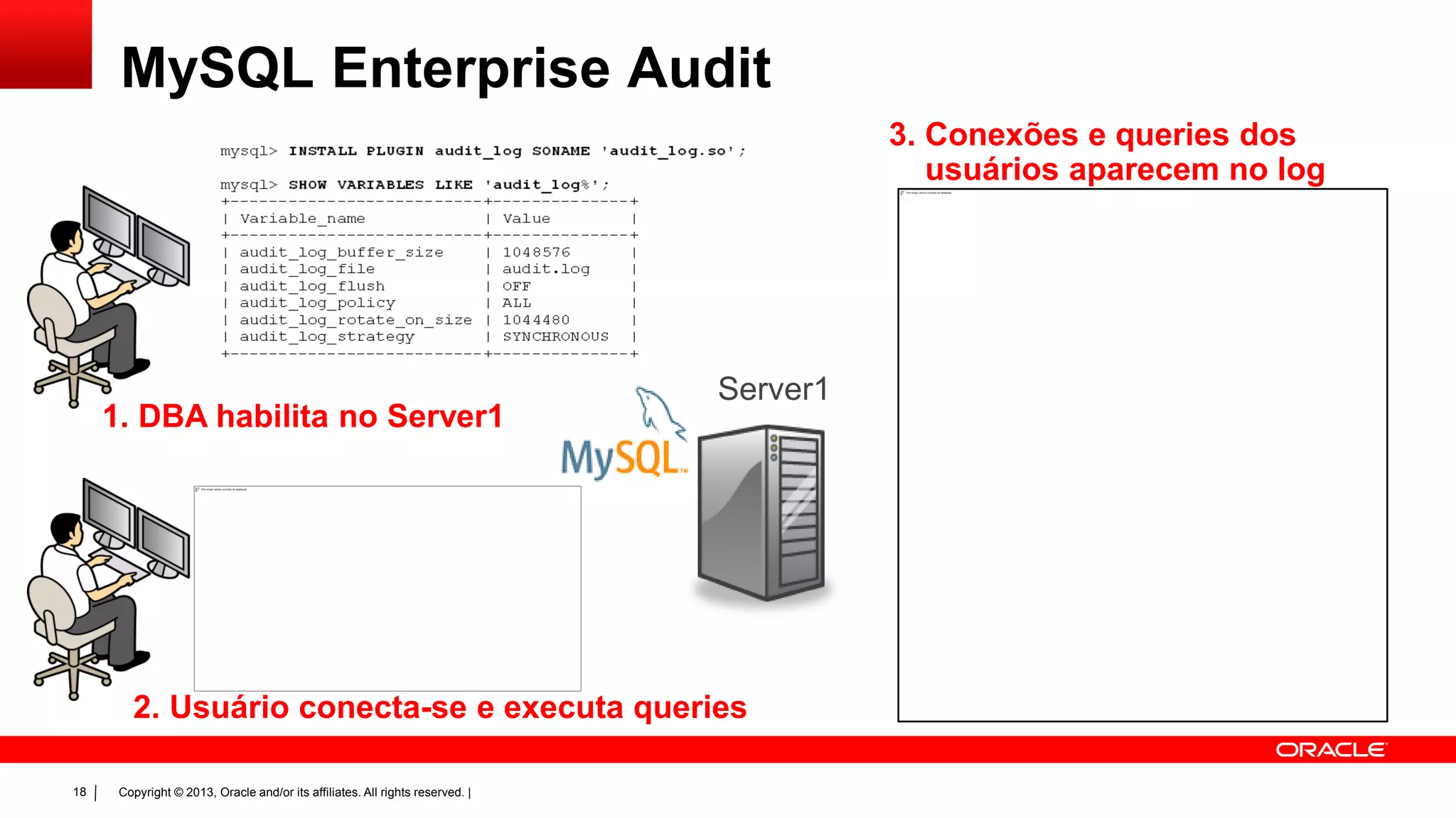 Copyright © 2013, Oracle and/or its affiliates. All rights reserved. |18
2. Usuário conecta-se e executa queries
MySQL Enterprise Audit
1. DBA habilita no Server1
Server1
3. Conexões e queries dos
usuários aparecem no log
 