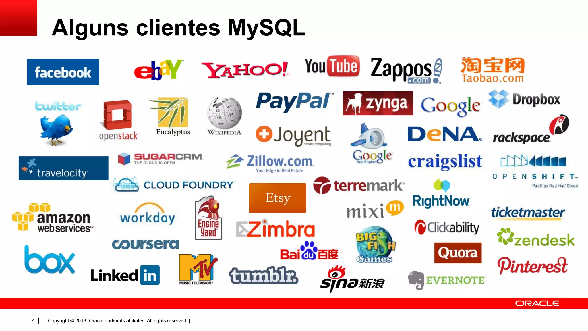 Copyright © 2013, Oracle and/or its affiliates. All rights reserved. |4
Alguns clientes MySQL
 