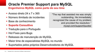 Copyright © 2013, Oracle and/or its affiliates. All rights reserved. |32
 Acesso direto 24 x 7 x 365
 Número ilimitado de incidentes
 Base de conhecimento
 Suporte Consultivo
 Tradução para o Português
 Hot Fixes para Bugs
 Releases de manutenção do MySQL
 Maior time de especialistas MySQL no mundo
 Suportados pelos próprios Desenvolvedores do MySQL
"The rep that assisted me was simply
outstanding. He immediately
recognized the cause of my problem
and provided the resolution.”
mysql.com/support/quotes
Oracle Premier Support para MySQL
Engenheiros MySQL como parte do seu time
 