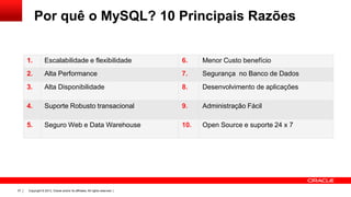 Copyright © 2013, Oracle and/or its affiliates. All rights reserved. |37
Por quê o MySQL? 10 Principais Razões
1. Escalabilidade e flexibilidade 6. Menor Custo benefício
2. Alta Performance 7. Segurança no Banco de Dados
3. Alta Disponibilidade 8. Desenvolvimento de aplicações
4. Suporte Robusto transacional 9. Administração Fácil
5. Seguro Web e Data Warehouse 10. Open Source e suporte 24 x 7
 