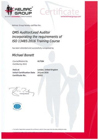 Michael Bonett Certificate ISO 13485 Certificate lead auditor