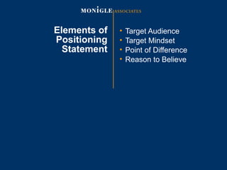 Elements of
Positioning
Statement
• Target Audience
• Target Mindset
• Point of Difference
• Reason to Believe
 