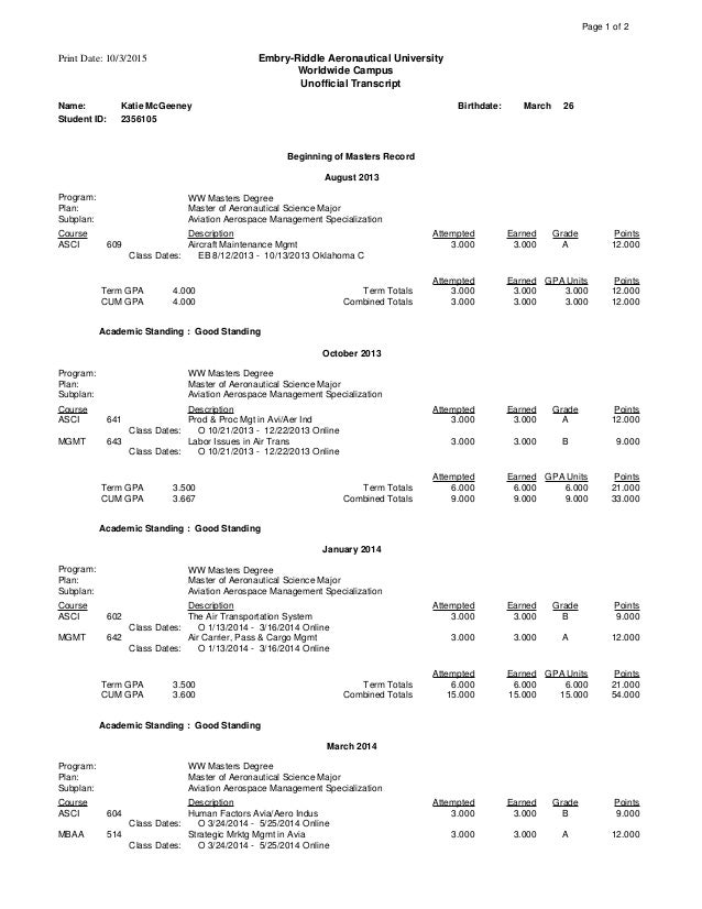 Katie Mcgeeney Master S In Aeronautical Science Unofficial Tsrpt