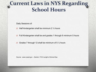 Current Laws in NYS Regarding
School Hours
Daily Sessions of:
O Half kindergarten shall be minimum 2 ½ hours
O Full Kindergarten shall be and grades 1 through 6 minimum 5 hours
O Grades 7 through 12 shall be minimum of 5 ½ hours
Source: www.nysed.gov – Section 175.5 Length of School Day
 
