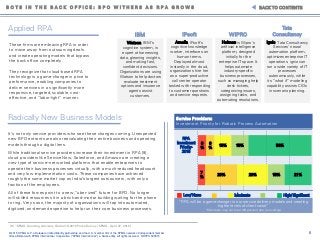 6© 2015 KPMG LLP, a Delaware limited liability partnership and the U.S. member firm of the KPMG network of independent member
firms affiliated with KPMG International Cooperative ("KPMG International"), a Swiss entity. All rights reserved. NDPPS 500515
It’s not only service providers who see these changes coming. Unexpected
new BPO entrants are also reevaluating their entire business and operating
models through a digital lens.
While traditional service providers increase their investment in RPA [9],
cloud providers like ServiceNow, Salesforce, and Amazon are creating a
new type of service–networked platforms that enable enterprises to
operate their business processes virtually, with a much-reduced headcount
and very low implementation costs. These companies have achieved
roughly the same market cap as India’s largest outsourcers, with only a
fraction of the employees.
All of these forces point to a new,“uber-ized” future for BPO. No longer
will skilled resources sit in a brick-and-mortar building waiting for the phone
to ring. Very soon, the majority of organizations will tap into automated,
digitized, on-demand expertise to help run their core business processes.
B O T S I N T H E B A C K O F F I C E : B P O W I T H E R S A S R P A G R O W S BACK TO CONTENTS
Radically New Business Models
Applied RPA
These firms are embracing RPA in order
to move away from outsourcing deals
and create operating models that bypass
the back office completely.
They recognize that cloud-based RPA
technology is a game-changer in price to
performance, enabling companies to
deliver services in a significantly more
responsive, targeted, scalable, cost-
effective, and “labor-light” manner.
Watson, IBM’s
cognitive system, is
expert at harnessing
data, gleaning insights,
and making fast,
confident decisions.
Organizations are using
Watson to help doctors
evaluate treatment
options and insurance
agents assist
customers.
Amelia, IPsoft’s
cognitive knowledge
worker, interfaces on
human terms.
Deployed almost
instantly in the cloud,
organizations hire her
as a super-productive
call center operator
tasked with responding
to customer questions
and service requests.
Holmes is Wipro’s
artificial intelligence
platform, designed
initially for the
enterprise IT space. It
helps automate
industry-specific
business processes,
such as managing help
desk tickets,
categorizing issues,
assigning tasks, and
automating resolutions.
ignio, Tata Consultancy
Services’ neural
automation platform,
optimizes enterprise IT
operations. ignio can
run a wide variety of IT
processes
autonomously, while
its “what if” modeling
capability assists CIOs
in scenario planning.
RPA
Investment
Priority-
3Q15
“RPA will be a game-changer in our service delivery models and creating
higher levels of client value”
*(Numbers may not total 100 percent due to rounding)
Service Providers:
Investment Priority for Robotic Process Automation
RPA
Investment
Priority-
2015
8
%
8
%
15% 15% 54%
7
%
29% 29% 15% 21%
Low/ None Moderate High/ Significant
[9] “KPMG Sourcing Advisory Global 1Q2015 Pulse Survey (KPMG, April 27, 2015)
IBM IPsoft WIPRO
Tata
Consultancy
 