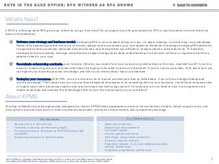 7© 2015 KPMG LLP, a Delaware limited liability partnership and the U.S. member firm of the KPMG network of independent member
firms affiliated with KPMG International Cooperative ("KPMG International"), a Swiss entity. All rights reserved. NDPPS 500515
What’s Next?
If BPO is withering while RPA grows up, where do you go from here? As you begin to lay the groundwork for RPA in your business, here are three key
areas of consideration.
Reframe your strategy and business model. Embracing RPA is not just about taking out cost. It’s about creating—or protecting—your advantage.
Rather than squeezing another nickel out of a linear, people-centric processes, your core objective should be to leverage emerging RPA platforms
to digitize business processes, eliminate manual activities, and drive greater cost efficiency, responsiveness, and productivity. To transform
strategically and sustainably, leverage comprehensive digital strategy and a deep understanding of what social, political, or regulatory barriers to
adoption stand in your way.
Reevaluate outsourcing contracts. Look forward. What do you expect from your outsourcing relationships in this new, digitized world? If you’re a
buyer of outsourcing, ask your provider what they’re bringing to the table in terms of automation. If you’re a service provider, think about how you
can digitize your business process knowledge, and talk to your clients about ways to collaborate.
Redeploy your resources. With RPA, you will eliminate a lot of manual activities and free up skilled labor. How will you manage widespread
workforce change? Think about how you can use those displaced employees to do something else for your business. Could those resources take
on higher value roles, becoming experts who resolve issues that technology cannot? For example, will you need to train more engineers and
coders to develop and maintain the technologies that now do the manual tasks of your business?
B O T S I N T H E B A C K O F F I C E : B P O W I T H E R S A S R P A G R O W S BACK TO CONTENTS
1
2
3
Working collaboratively and pragmatically alongside our clients, KPMG helps organizations improve service delivery models, reduce support costs, and
drive specific business outcomes in order to achieve sustainable, continuous improvements and competitive advantage.
About KPMG
• Serving clients in 155 countries
• Hundreds of advisory professionals globally
• Providing services to 76 percent of FORTUNE Global 500
companies
• Supporting thousands of transformations
Our Numbers Our Differentiators
• Objectivity as advisors
• Beginning-to-end experience
• Functional breadth
• Industry-specific experience
• Technology and governance services
• Extensive data and analytics
• Proprietary research, tools, and intellectual property
• Industry relationships
• Integrated competencies and services
 