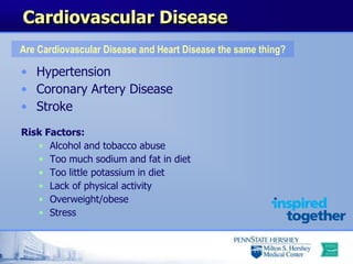 Cardiovascular Disease
• Hypertension
• Coronary Artery Disease
• Stroke
Risk Factors:
• Alcohol and tobacco abuse
• Too m...