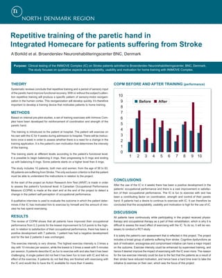 Theory
Systematic reviews conclude that repetitive training and a period of sensory input
of the paretic hand improve functional recovery. With or without the subject’s atten-
tion repetitive training will produce a specific pattern of sensory-motor reorgani-
zation in the human cortex. This reorganization will develop quickly. It’s therefore
important to develop a training device that motivates patients to home training.
Methods
Based on internal pre-pilot-studies, a set of training exercises with Inimove Com-
plex have been developed for reinforcement of coordination and strength of the
paretic hand.
The training is introduced to the patient at hospital. The patient will exercise on
his own with the IC for 4 weeks during admission to hospital. There will be instruc-
tions once a week in order to assess whether there is a need for a change in the
training application. It is the patient’s own motivation that determines the intensity
of the training.
The training starts at different levels according to the patient’s functional level.
It is possible to begin balancing 4 rings, then progressing to 6 rings and ending
up with balancing 8 rings. Some patients starts on a higher level than 4 rings.
The study includes 10 patients, both men and women, from the age of 56 to 83.
All patients are suffering from Stroke. The only exclusion criterion is that the patient
must be able to understand the instructions in relation to the project.
At the start of the project an Action Research Arm Test (ARAT) is made in order
to assess the patient’s functional level. A Canadian Occupational Performance
Measure (COPM) is made at the start and at the end of the project to detect a
change in the patient self-perception of occupational performance.
A qualitative interview is used to evaluate the outcome in which the patient deter-
mines if the IC has motivated him to exercise by himself and the amount of min-
utes he has spend exercising.
Results
The review of COPM shows that all patients have improved their occupational
performance from 0,3 points for the lowest improvement to 5.6 points to the high-
est. In relation to satisfaction of their occupational performance, there has been a
positive development with 7 patients, 1 patient has had a negative development
and for the last 2 patients it was unchanged.
The exercise intensity is very diverse. The highest exercise intensity is 3 times a
day with 10 minutes per session, while the lowest is 3 times a week with 5 minutes
per session. 9 patients describe IC as fun to exercise with and also feel it has been
challenging. A single patient did not feel it has been fun to train with IC and felt no
effect of the exercise. 8 patients do not feel they are finished with exercising with
the IC and would like to have the IC available for more than 4 weeks.
COPM before and after training (performance)
COPM before and after training
10
9
8
7
6
5
4
3
2
1
0
1 2 3 4 5 6 7 8 9 10
Repetitive training of the paretic hand in
Integrated Homecare for patients suffering from Stroke
A Borkild et al. Broenderslev Neurorehabiliteringscenter BNC, Denmark
Purpose:	 Clinical testing of the INIMOVE Complex (IC) on Stroke patients admitted to Broenderslev Neurorehabiliteringscenter, BNC, Denmark.
	 The study focuses on qualitative aspects as acceptability, usability and motivation for home training with INIMOVE Complex.
Conclusions
After the use of the IC in 4 weeks there has been a positive development in the
patients’ occupational performance and there is a vast improvement in satisfac-
tion of their occupational performance. The IC is fun to exercise with and has
been a contributing factor on coordination, strength and control of their paretic
hand. 8 patients had a desire to continue to exercise with IC. It can therefore be
concluded that the acceptability, usability and motivation is high for the use of IC.
Discussion
All patients have continuously while participating in the project received physio­
therapy and occupational therapy as a part of their rehabilitation, which is why it is
difficult to assess the exact effect of exercising with the IC. To do so, it will be nec-
essary to conduct a RCT-study.
It is solely the patient’s own assessment that is reflected in this project. The project
includes a broad group of patients suffering from stroke. Cognitive dysfunctions as
lack of motivation, anosognisia and compromised initiative can have a major impact
on the outcome. Exercise intensity could be enhanced by supervised training, and
hence if desired improve the impact of exercising with the IC even more. The reason
for the low exercise intensity could be due to the fact that the patients as a result of
their stroke have reduced motivation, and hence have a hard time even to take the
initiative to exercise on their own, which was the focus of this project.
Before After
 