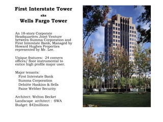 First Interstate Tower
aka
Wells Fargo Tower
An 18-story Corporate
Headquarters Joint Venture
between Summa Corporation and
First Interstate Bank, Managed by
Howard Hughes Properties
represented by Mr. Lee.
Unique features: 24 corners
offices/ floor instrumental to
entice high profile major user.
Major tenants:
First Interstate Bank
Summa Corporation
Deloitte Haskins & Sells
Paine Webber Security
Architect: Welton Becket
Landscape architect : SWA
Budget: $42millions
 
