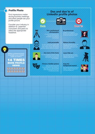 First impressions matter
during business meetings
and when people see your
profile picture.
Consider your industry in
addition to potential
consumers and peers to
select the appropriate
headshot.
Be professional
Balance formality
Get a professional
photographer
Look personable
Dos and don’ts of
LinkedIn profile photos
Do’s Don’ts
Profile Photo
LinkedIn is not Facebook.
Structure your profile according
to how you would act at work.
Don’t go overboard yet don’t be
underdressed in your picture.
Let the photo reflect your work
attire and mood.
Leave Fido out
It’s a cute sentiment, but leave
dogs and other pets out of your
LinkedIn profile picture.
Keep the
background neutral
Don’t let the background distract
viewers. Choose a neutral and
non-busy background.
It’s worth the investment since
you can use the pictures
formultiple social platforms
and purposes.
Choose a familiar picture
Keep the photo true-to-life.
If you wear glasses, have a beard, or
often wear a tie, make the profile
photo representative of how you
normally look at work.
You don’t have to give a goofy smile
but you don’t want to appear angry
either. When in doubt, ask others to
give their opinions before you publish.
Use most of the frame
Your face should be centered, leaving
a small space over your head
with the picture extending to
your shoulders.
Adding a professional photo
of yourself on your LinkedIn
proﬁle can result in
14 TIMES
MORE PROFILE
VIEWS!
 