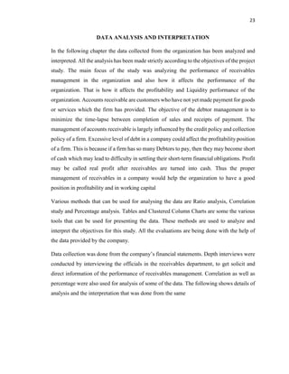 23
DATA ANALYSIS AND INTERPRETATION
In the following chapter the data collected from the organization has been analyzed and
interpreted. All the analysis has been made strictly according to the objectives of the project
study. The main focus of the study was analyzing the performance of receivables
management in the organization and also how it affects the performance of the
organization. That is how it affects the profitability and Liquidity performance of the
organization. Accounts receivable are customers who have not yet made payment for goods
or services which the firm has provided. The objective of the debtor management is to
minimize the time-lapse between completion of sales and receipts of payment. The
management of accounts receivable is largely influenced by the credit policy and collection
policy of a firm. Excessive level of debt in a company could affect the profitability position
of a firm. This is because if a firm has so many Debtors to pay, then they may become short
of cash which may lead to difficulty in settling their short-term financial obligations. Profit
may be called real profit after receivables are turned into cash. Thus the proper
management of receivables in a company would help the organization to have a good
position in profitability and in working capital
Various methods that can be used for analysing the data are Ratio analysis, Correlation
study and Percentage analysis. Tables and Clustered Column Charts are some the various
tools that can be used for presenting the data. These methods are used to analyze and
interpret the objectives for this study. All the evaluations are being done with the help of
the data provided by the company.
Data collection was done from the company’s financial statements. Depth interviews were
conducted by interviewing the officials in the receivables department, to get solicit and
direct information of the performance of receivables management. Correlation as well as
percentage were also used for analysis of some of the data. The following shows details of
analysis and the interpretation that was done from the same
 