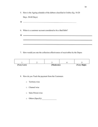 59
5. How is the Ageing schedule of the debtors classified in Unibic (Eg. 10-20
Days .30-60 Days)

6. When is a customer account considered to be a Bad Debt?

7. How would you rate the collection effectiveness of receivables by the Depos
1 2 3 4 5
(Very Low) (Moderate) (Very High)
8. How do you Track the payment from the Customers
o Territory wise
o Channel wise
o Sales Person wise
o Others (Specify)
 