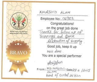Bravo Card award from Head of Control
