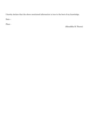 I hereby declare that the above mentioned information is true to the best of my knowledge.
Date –
Place -
(Shraddha B. Thorat)
 