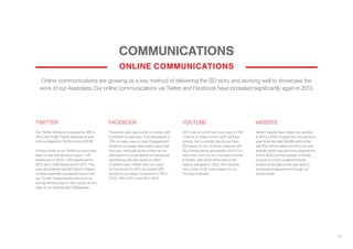 22
Online communications are growing as a key method of delivering the SEI story and working well to showcase the
work of our Awardees. Our online communications via Twitter and Facebook have increased significantly again in 2013.
TWITTER
Our Twitter following increased by 48% in
2013, with 5,392 Twitter followers at year
end (compared to 3,619 at end of 2012).
Activity levels on our Twitter account have
been on par with previous years; 1,147
tweets sent in 2013, 1,162 tweets sent in
2012, and 1,230 tweets sent in 2011. This
year did however see SEI trend in Ireland
on three separate occasions; twice in the
top 10 with #impactseries and once as
the top trending topic in the country on the
night of our Awards with #SEIawards.
FACEBOOK
Facebook also saw a solid increase, with
4,139 fans at year end. This represents a
31% increase year on year. Engagement
levels on our page were particularly high
this year. Although some of this can be
attributed to a small spend on Facebook
advertising, SEI has made an effort
to share more content with our users
on Facebook. In 2013 we posted 281
photos to our page, compared to 130 in
2012, 148 in 2011, and 39 in 2010.
YOUTUBE
2013 was an extremely busy year for SEI
in terms of video content and YouTube
activity. As it currently stands we have
53 videos on our YouTube channel, with
26 of those being uploaded in 2013. Our
total view count on our YouTube channel
is 24,801, with 6,040 attributed to the
videos uploaded in 2013. SEI currently
has a total of 92 subscribers to our
YouTube channel.
ONLINE COMMUNICATIONS
WEBSITE
46,007 people have visited our website
in 2013, a 25% increase from the previous
year when we had 36,839 visits to the
site. Part of the reason for this is our new
website which was launched towards the
end of 2012, but the increase is mostly
a result of a more sustained media
presence throughout the year and an
increased engagement through our
social media.
COMMUNICATIONS
 