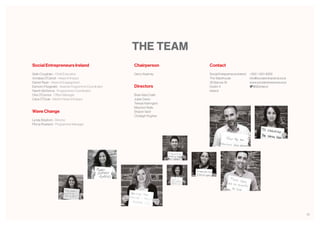 25
Social Entrepreneurs Ireland
Seán Coughlan - Chief Executive
Annalisa O’Carroll - Head of Impact
Darren Ryan - Head of Engagement
Eamonn Fitzgerald - Awards Programme Coordinator
Niamh McKenna - Programmes Coordinator
Orla O’Connor - Office Manager
Ciara O’Toole - Interim Head of Impact
Wave Change
Lynda Stopford - Director
Ffiona Rowland - Programme Manager
Social Entrepreneurs Ireland
The Warehouse
35 Barrow St
Dublin 4
Ireland
+353 1 631 6200
info@socialentrepreneurs.ie
www.socialentrepreneurs.ie
@SEIreland
THE TEAM
Chairperson
Gerry Kearney
Directors
Brian MacCraith
Julian Davis
Teresa Harrington
Maurice Healy
Sharon Vard
Clodagh Hughes
 
Contact
 