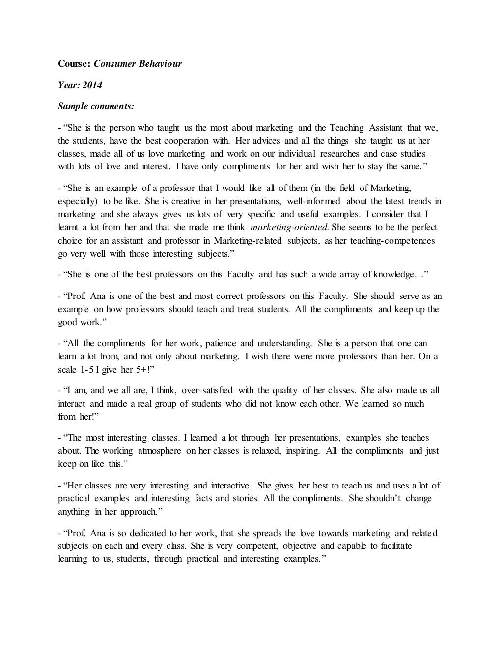 Excerpt of Student Comments